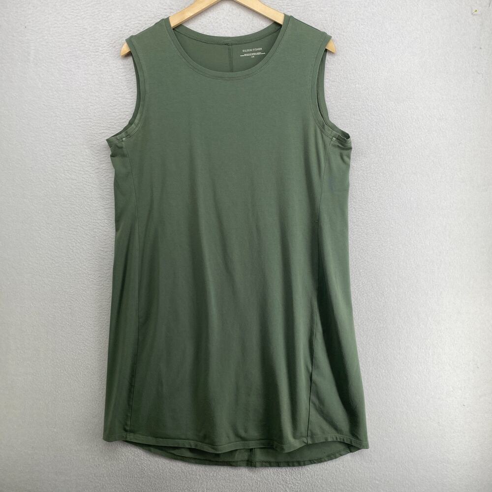 EILEEN FISHER Tank Dress L Stretch Cotton Jersey Shift Sleeveless Green USA